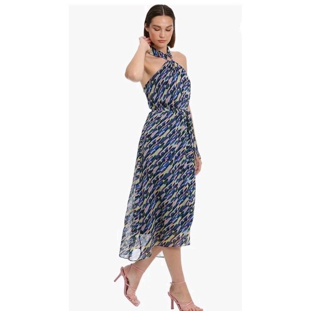 DONNA MORGAN Women's Halter Neck with Ring Trim and High Low Midi Size 16 - Picture 2 of 16